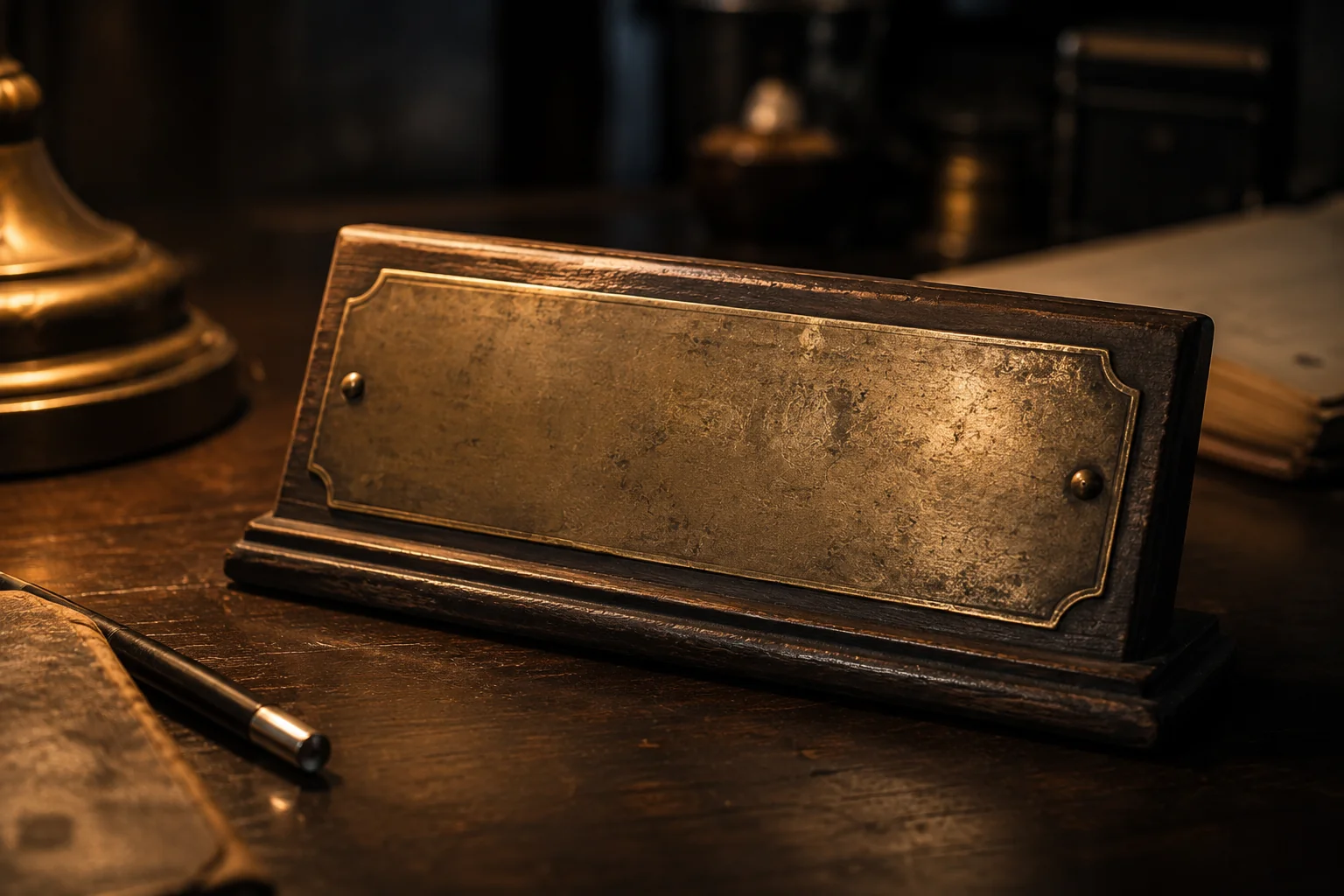 A worn, blank founder's nameplate sits on a dark wooden desk, a quiet symbol of legacy and ownership.