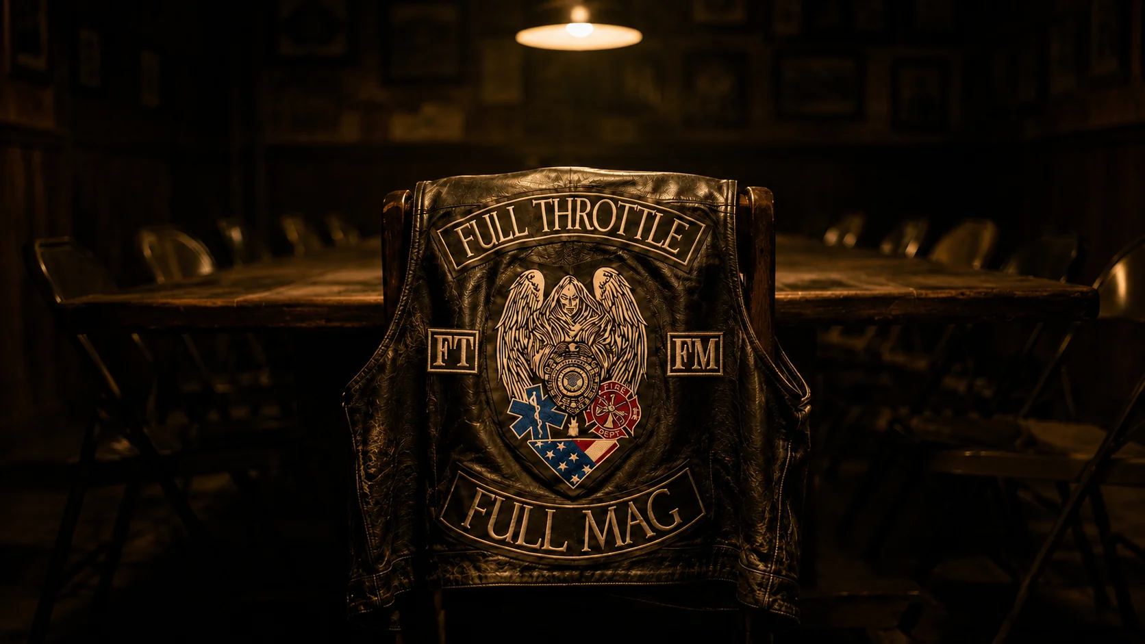 An FTFM leather vest hangs alone on a chair at the head of an empty clubhouse table, lit by a single overhead light.