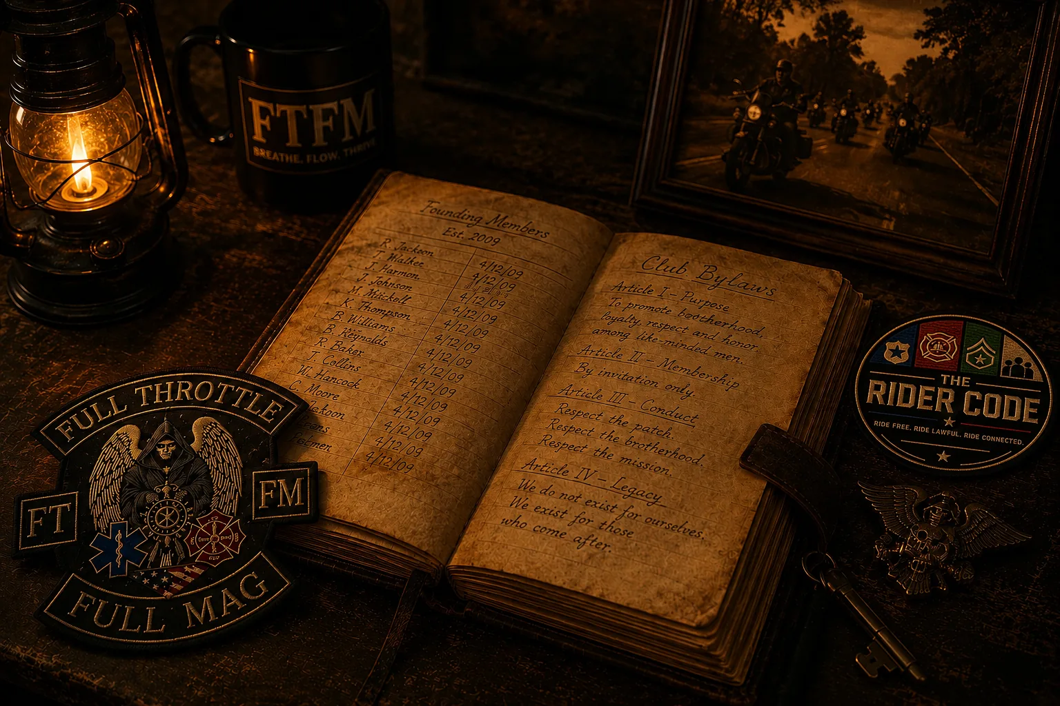 A handwritten founders' ledger and club bylaws beside FTFM and Rider Code patches, symbolizing documented club history.