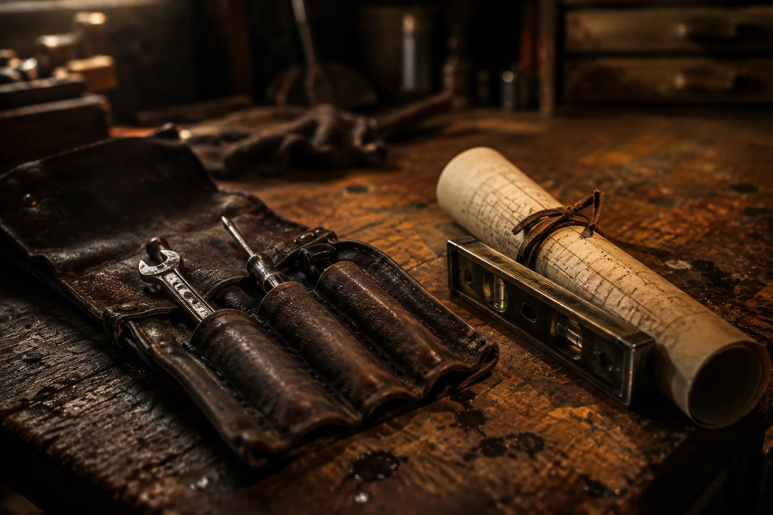 An open leather tool roll with a wrench and spirit level beside a rolled document on a worn workbench, representing the tools to build a strong MC foundation.