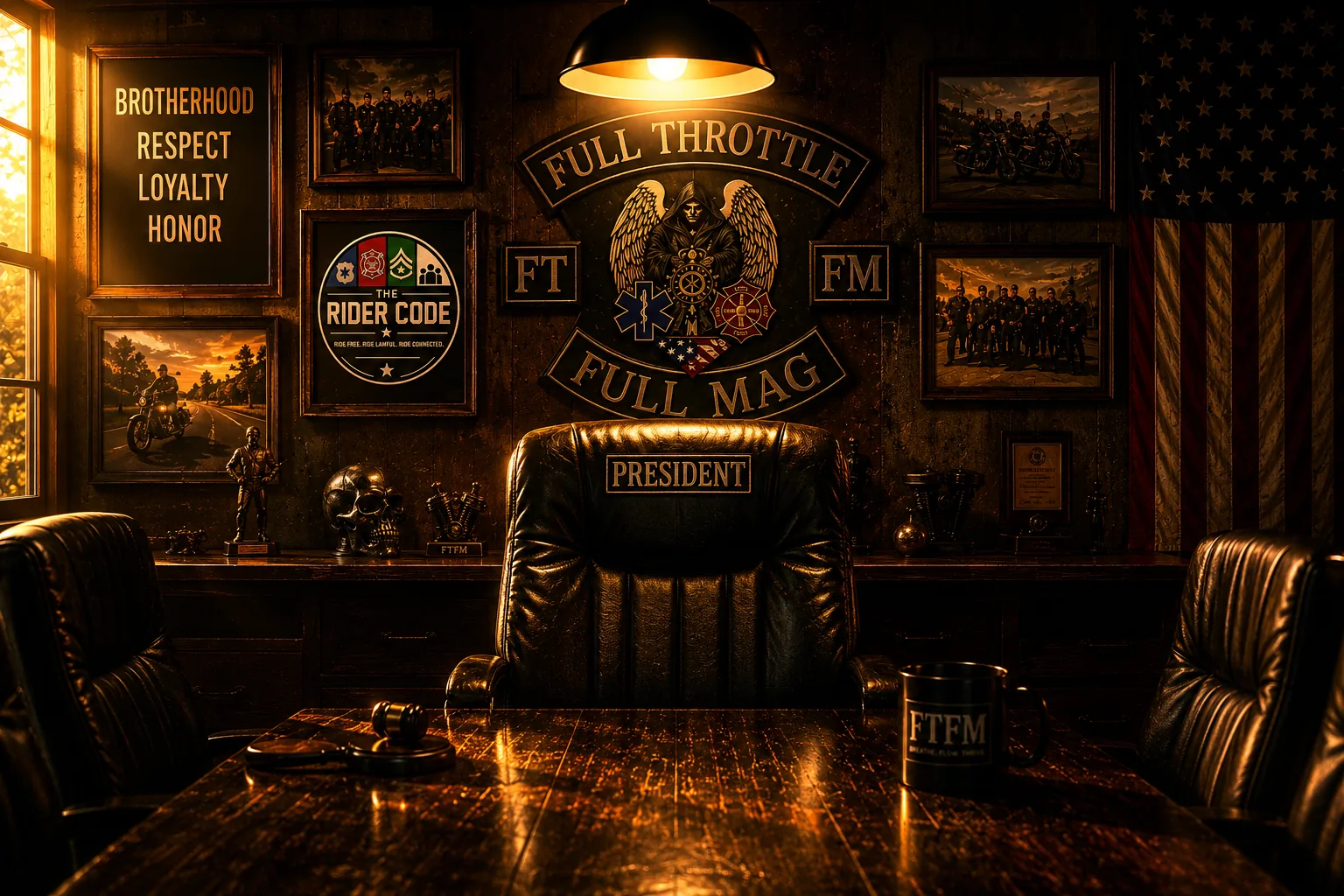 An empty president's chair beneath the FTFM patch, with The Rider Code emblem framed on the clubhouse wall.