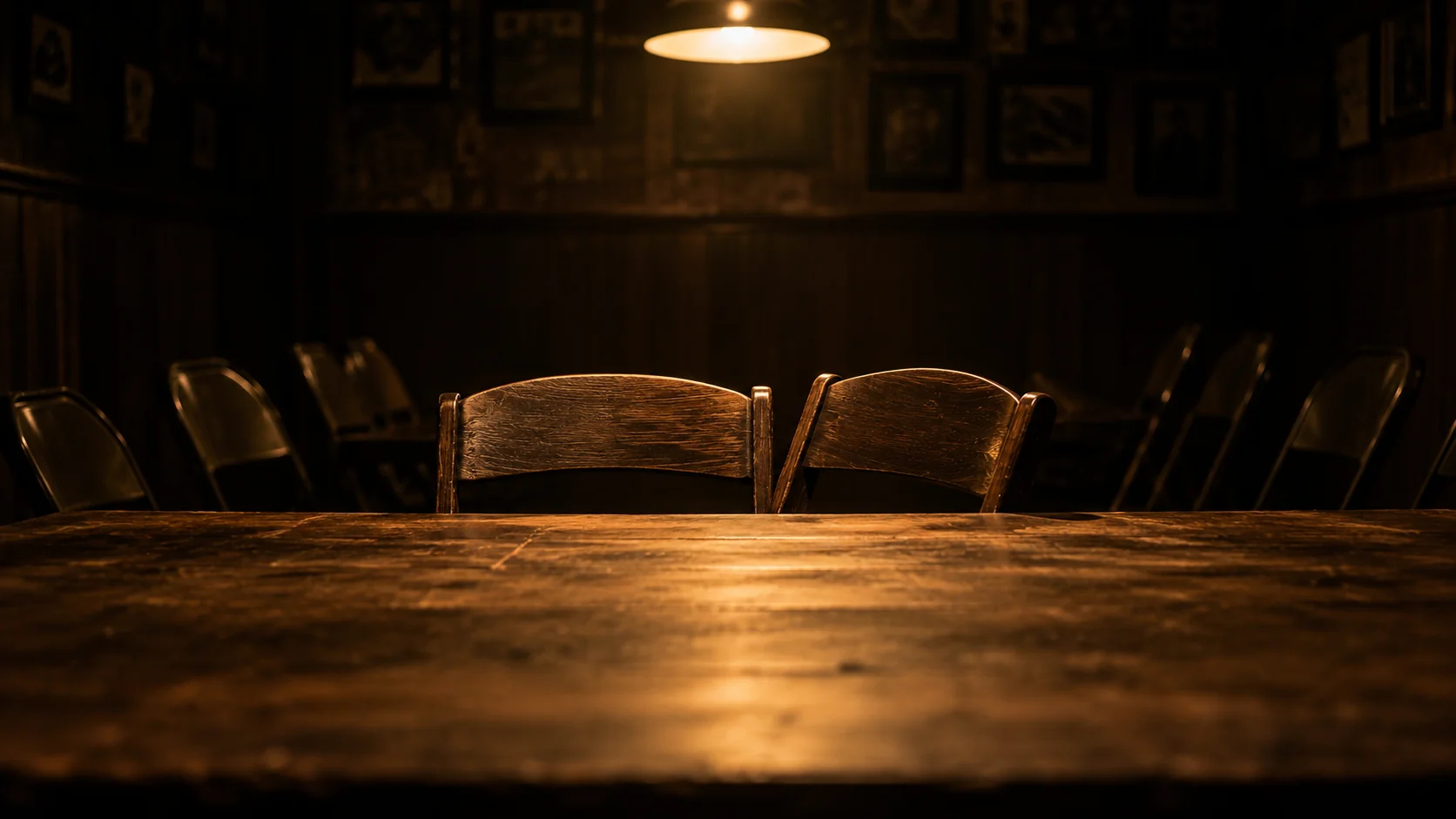Two chairs at the head of an empty clubhouse table, one subtly angled closer to the other.