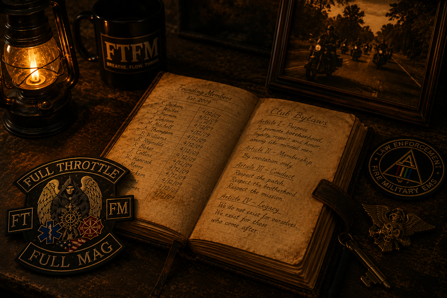 An antique ledger of FTFM founding members and bylaws beside a lantern