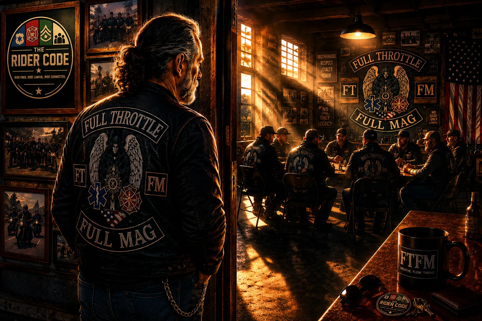 A rider in an FTFM vest watching a club meeting from the doorway, with The Rider Code framed on the wall.