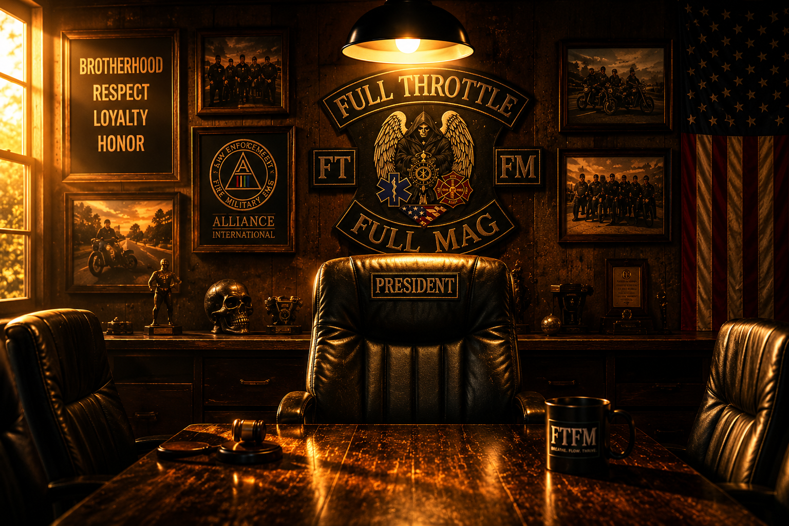 The president's chair sits empty beneath the FTFM patch